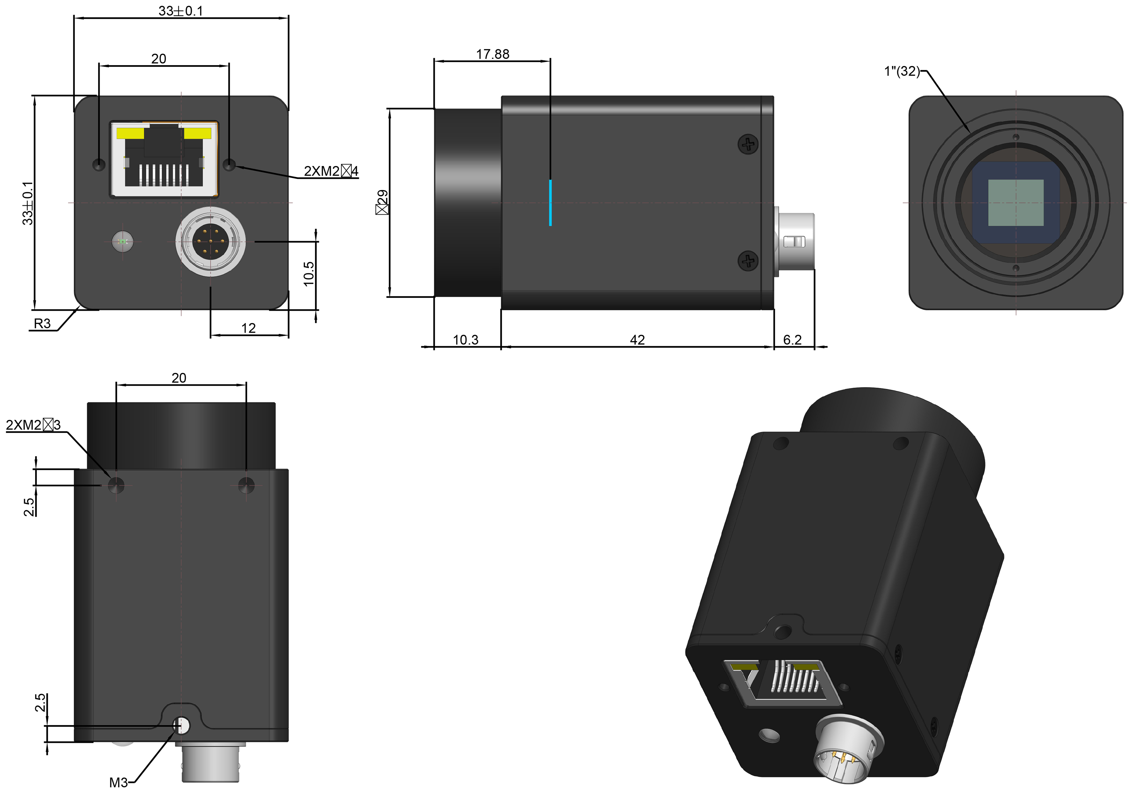 I3CMOS GigE · 33 mm × 33 mm × 58.5 mm