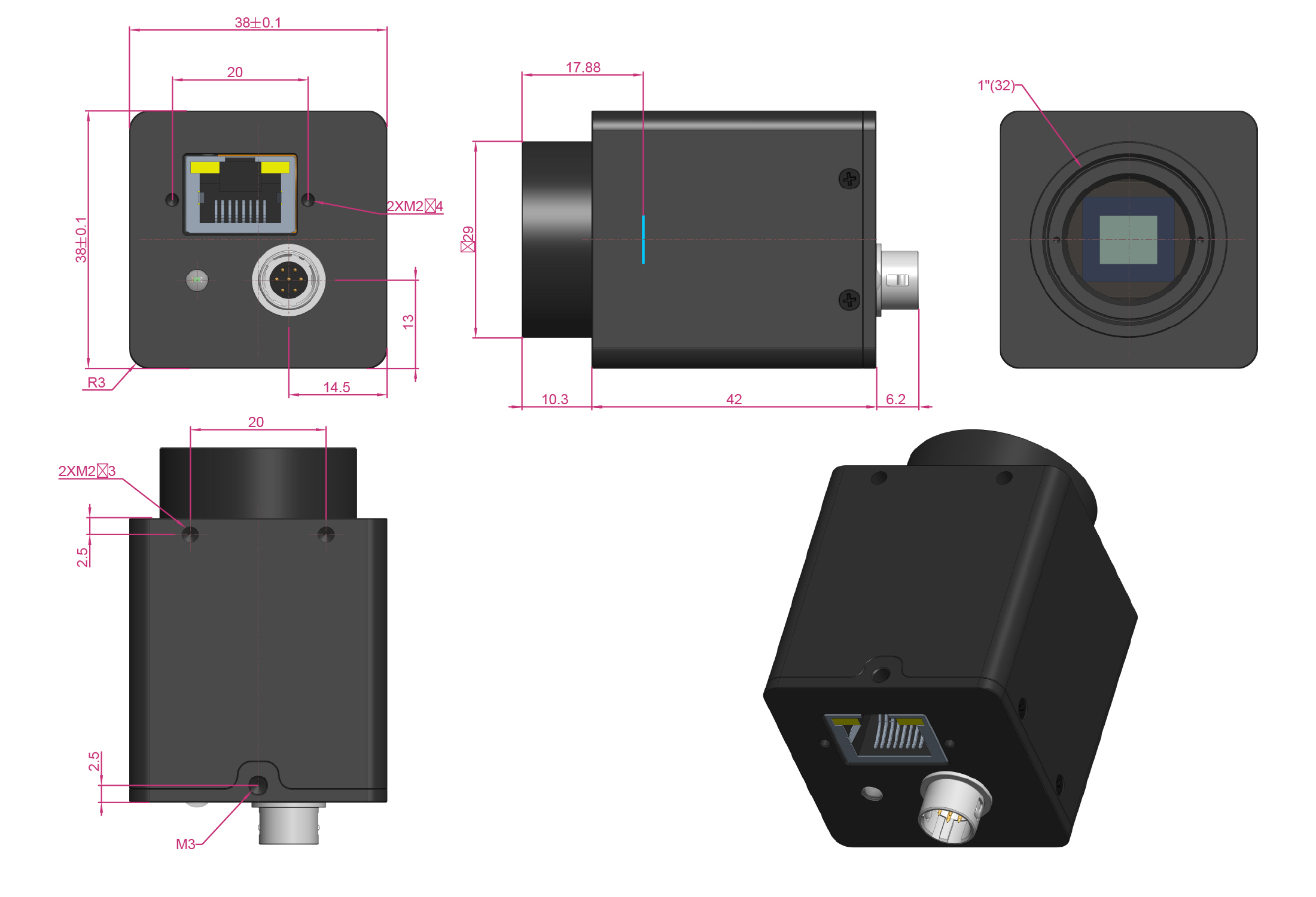 I3CMOS GigE · 38 mm × 38 mm × 58.5 mm