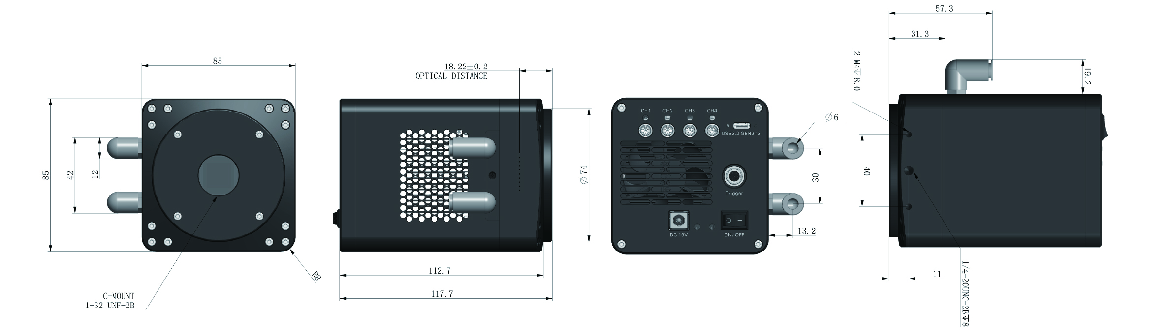 U20-CXP water-cooled dimensions