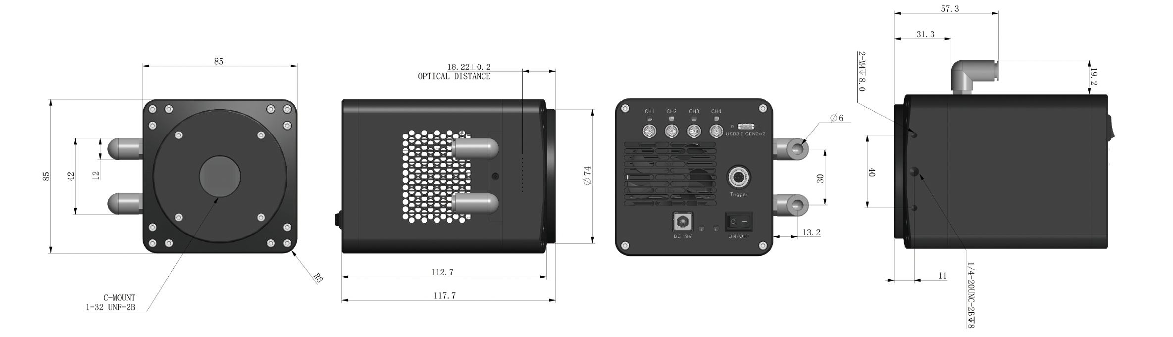 U20-CXP water-cooled dimensions