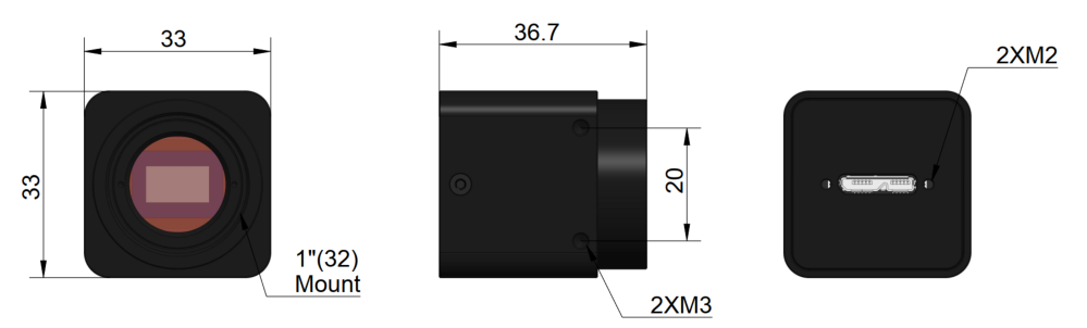 Schematic diagram of the image acquisition sub-device dimensions for the X5CAM4K_MR series cameras